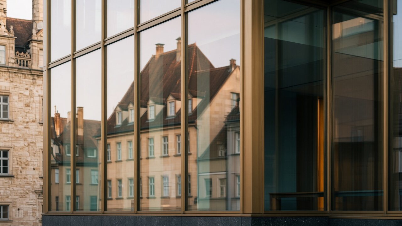 Glasfassade mit Spiegelung historischer Häuser im Abendlicht